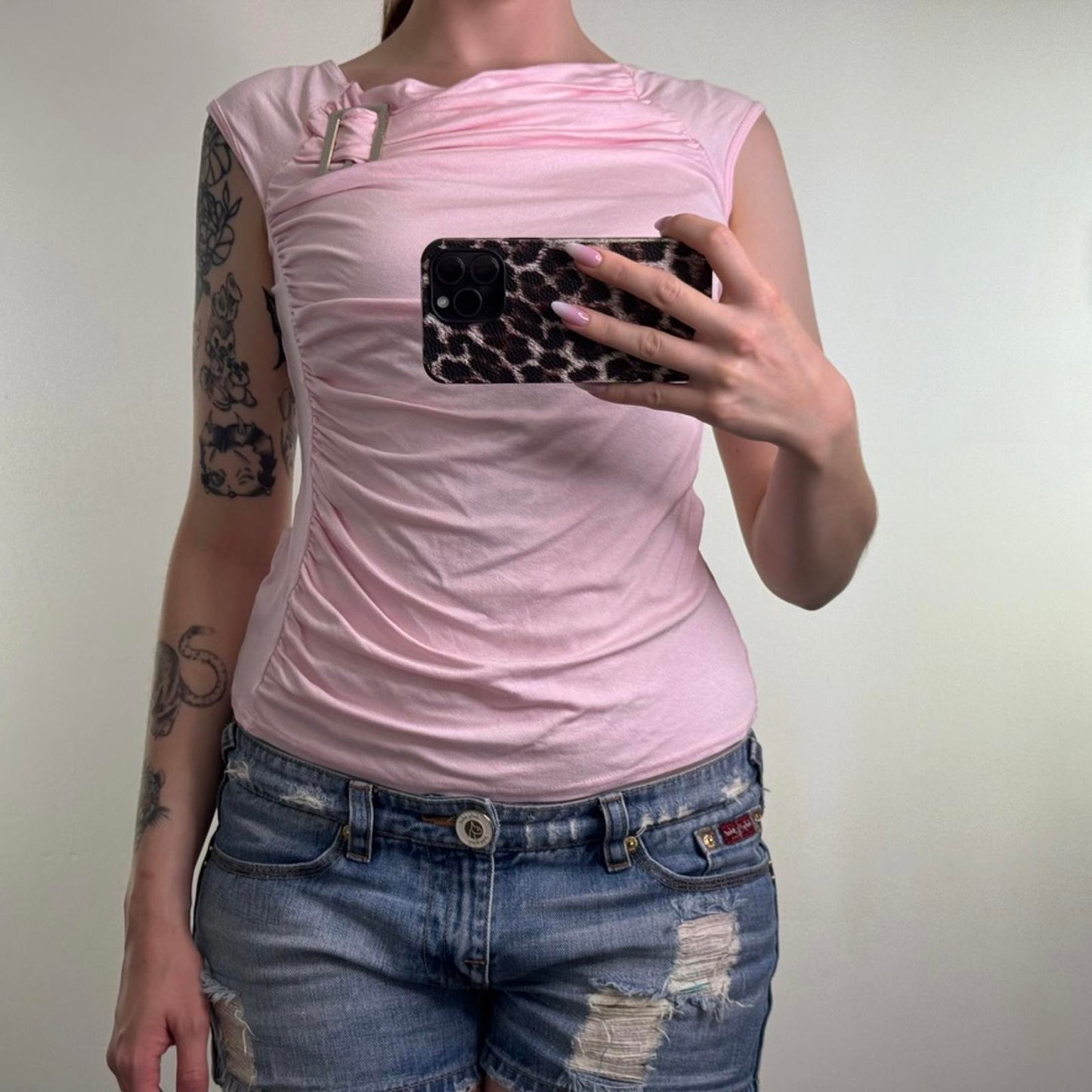 Y2K vintage ruched tank top buckle baby pink stretchy cowl neck