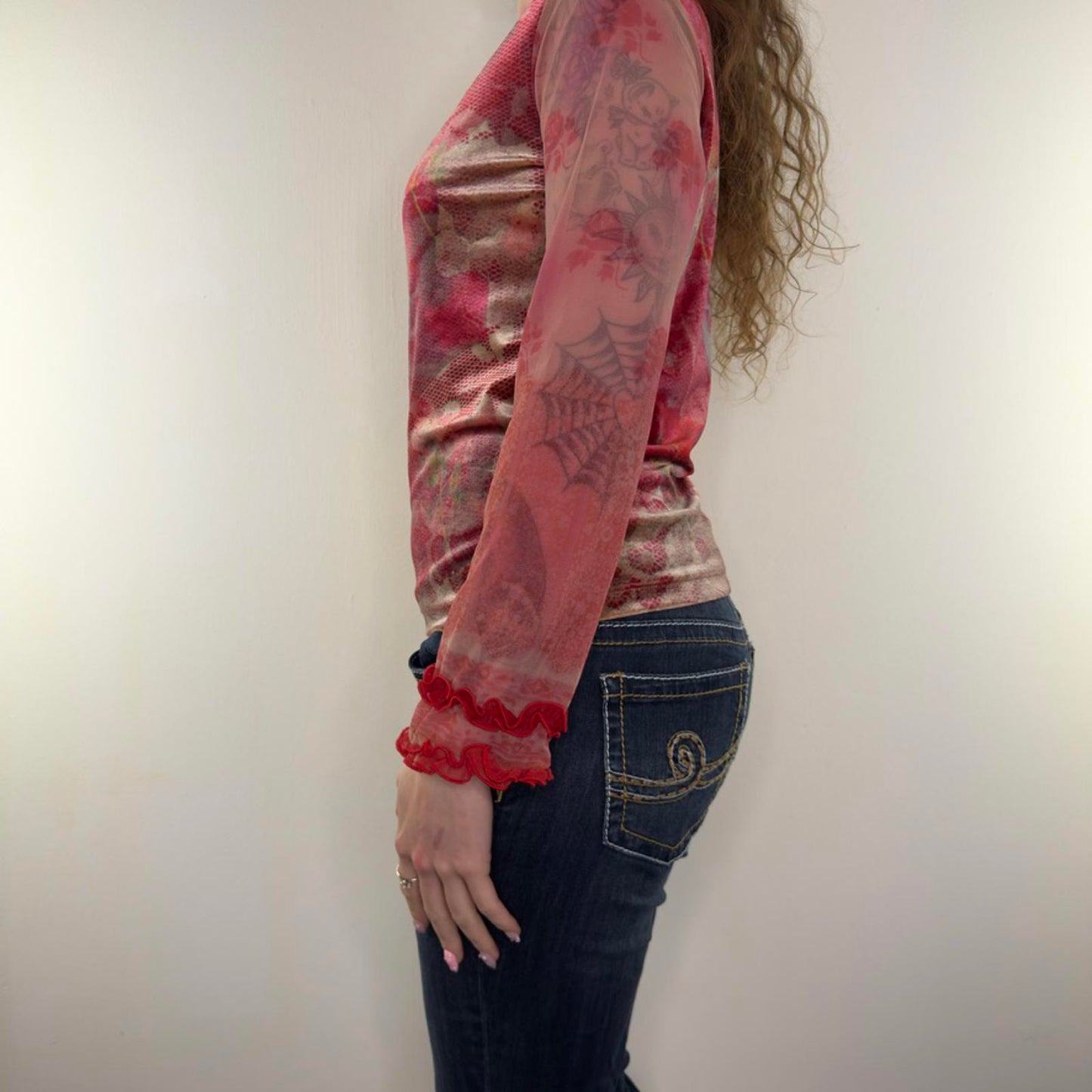 Y2K vintage mesh velour floral long sleeve top