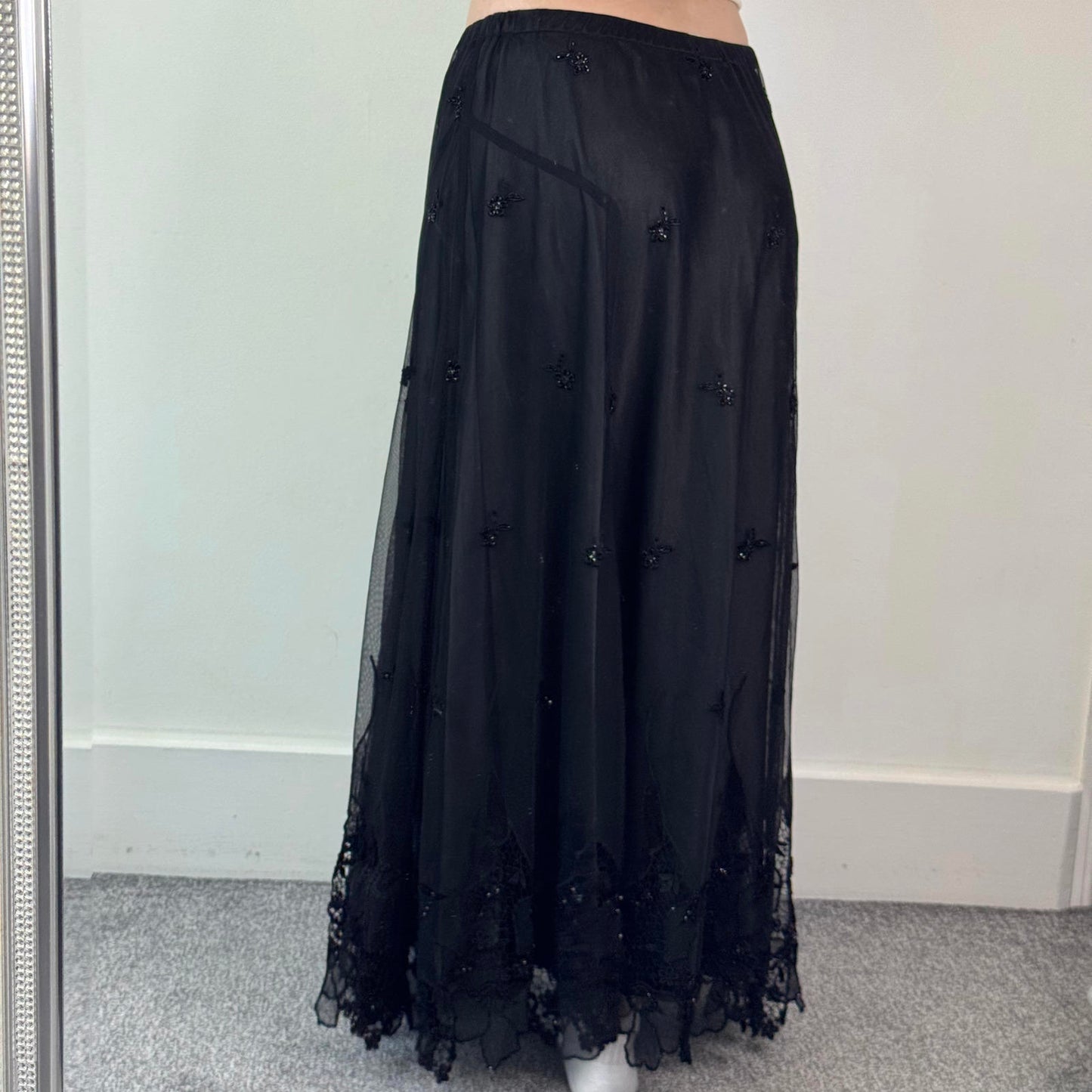 Y2K vintage mesh overlay floral maxi skirt floral embroidered hem stretchy waist