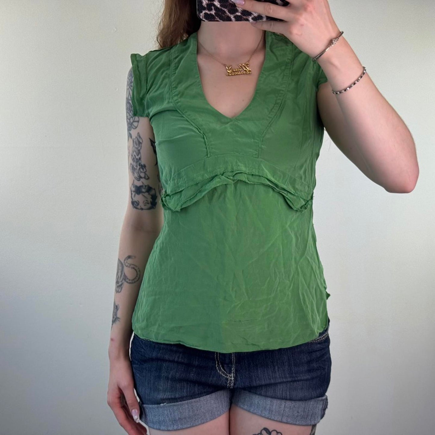 Y2K vintage 100% silk frill short sleeve top blouse v neck lightweight green