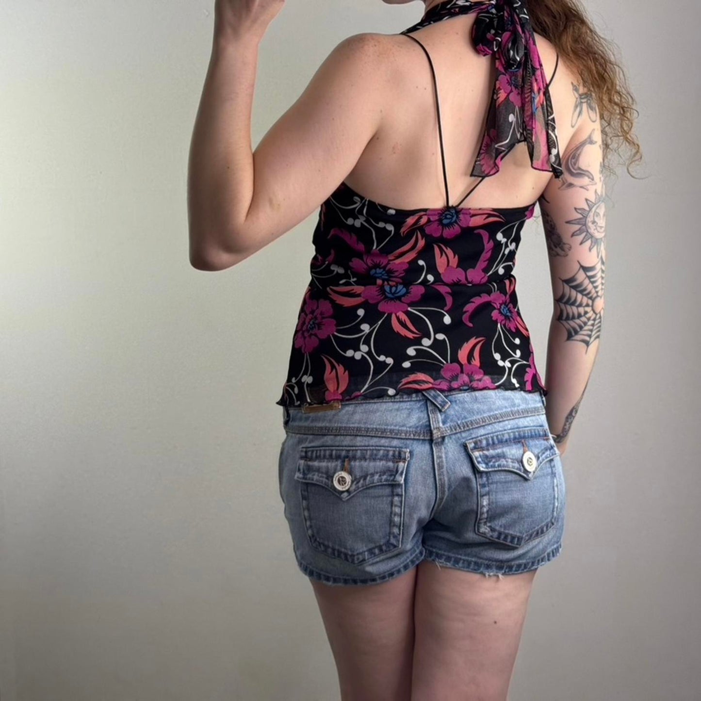 Y2K vintage Bay halter neck mesh floral top bow double layer lettuce hem