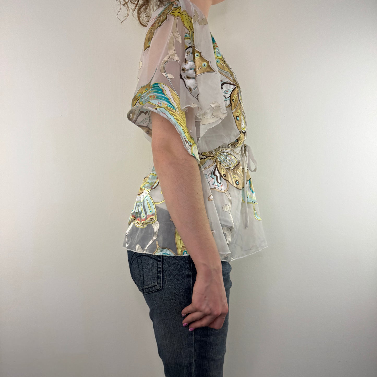 Y2K vintage silk butterfly sheer floaty top blouse