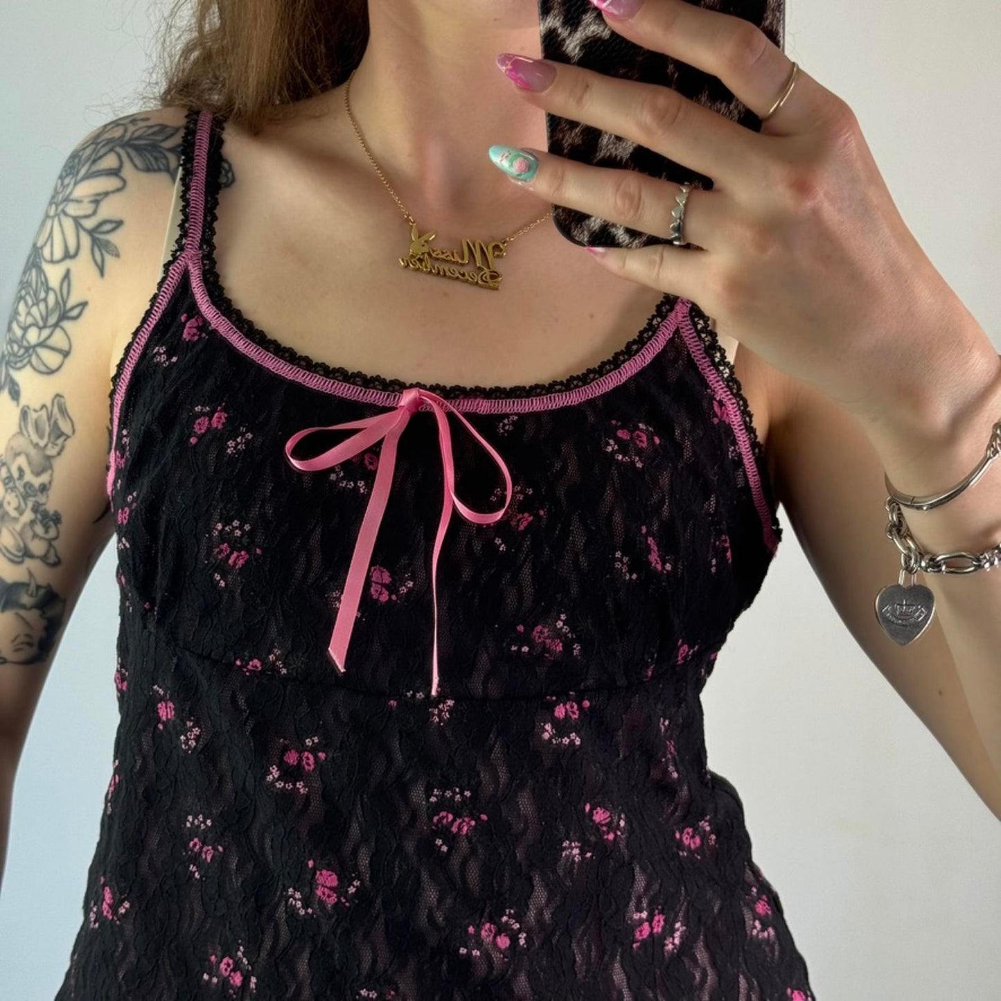 Y2K vintage ditsy floral milkmaid style bow black pink lace overlay trim strappy