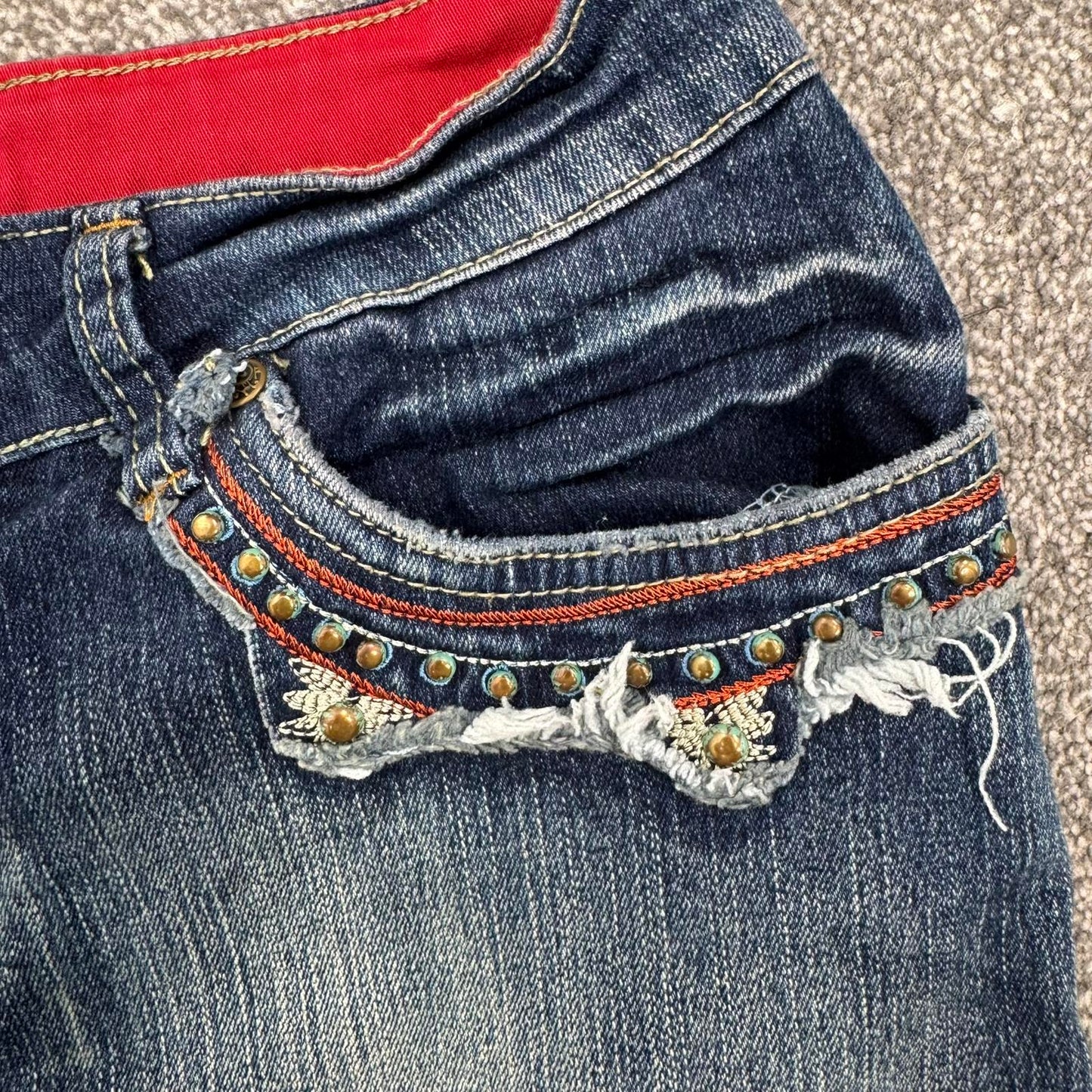 Y2K vintage mid rise stretchy denim mini skirt studded embroidered dark blue
