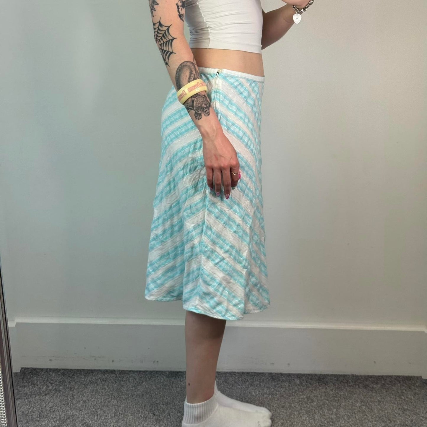 Y2K vintage stripe sparkly midi skirt diagonal white baby blue stripy a line