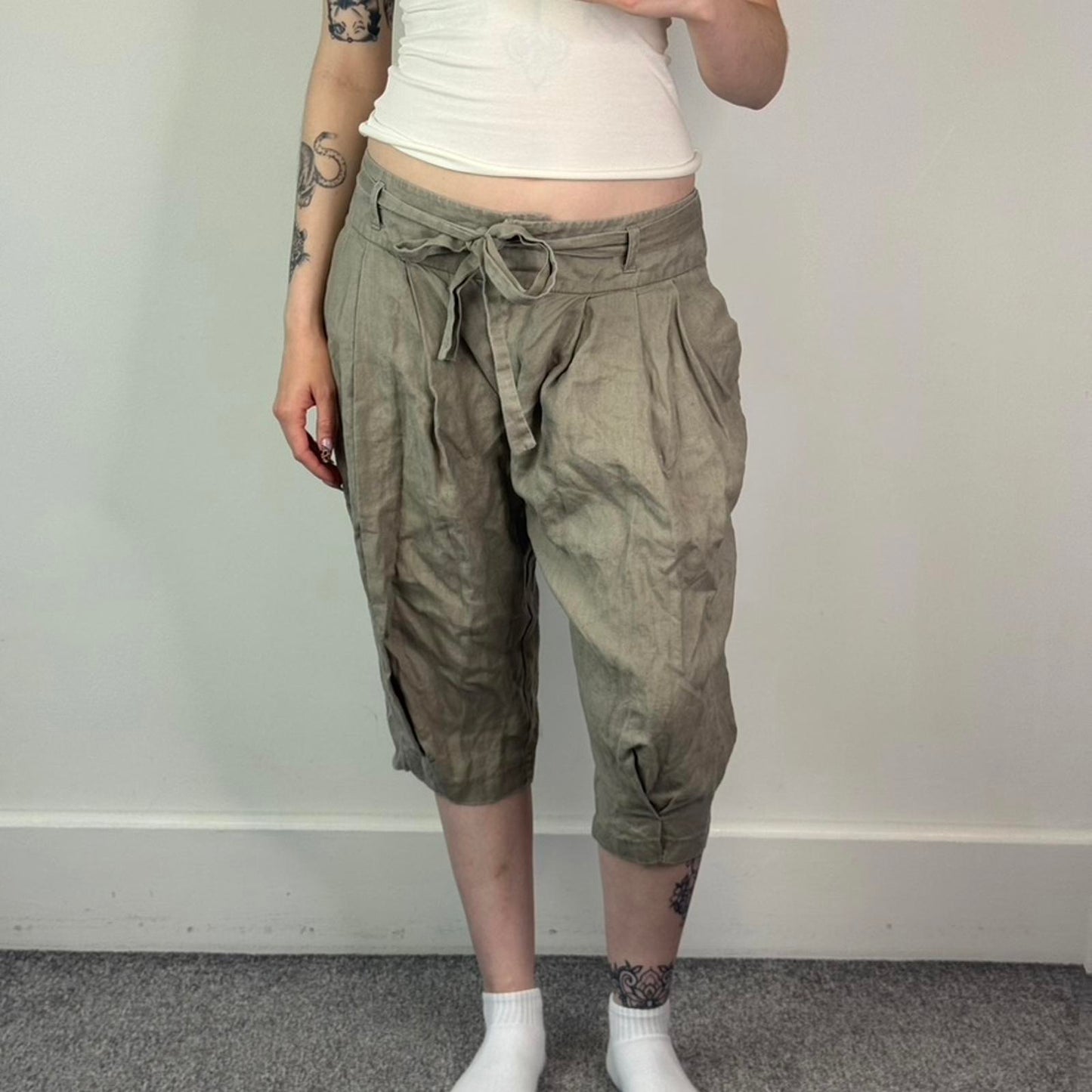 Y2K vintage linen low rise baggy tailored shorts tie bow belt pleated mid calf