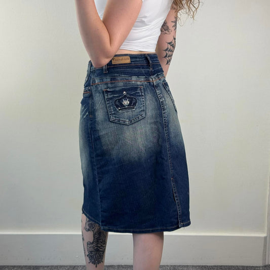 Y2K vintage faded denim crown embroidered midi skirt knee length studded
