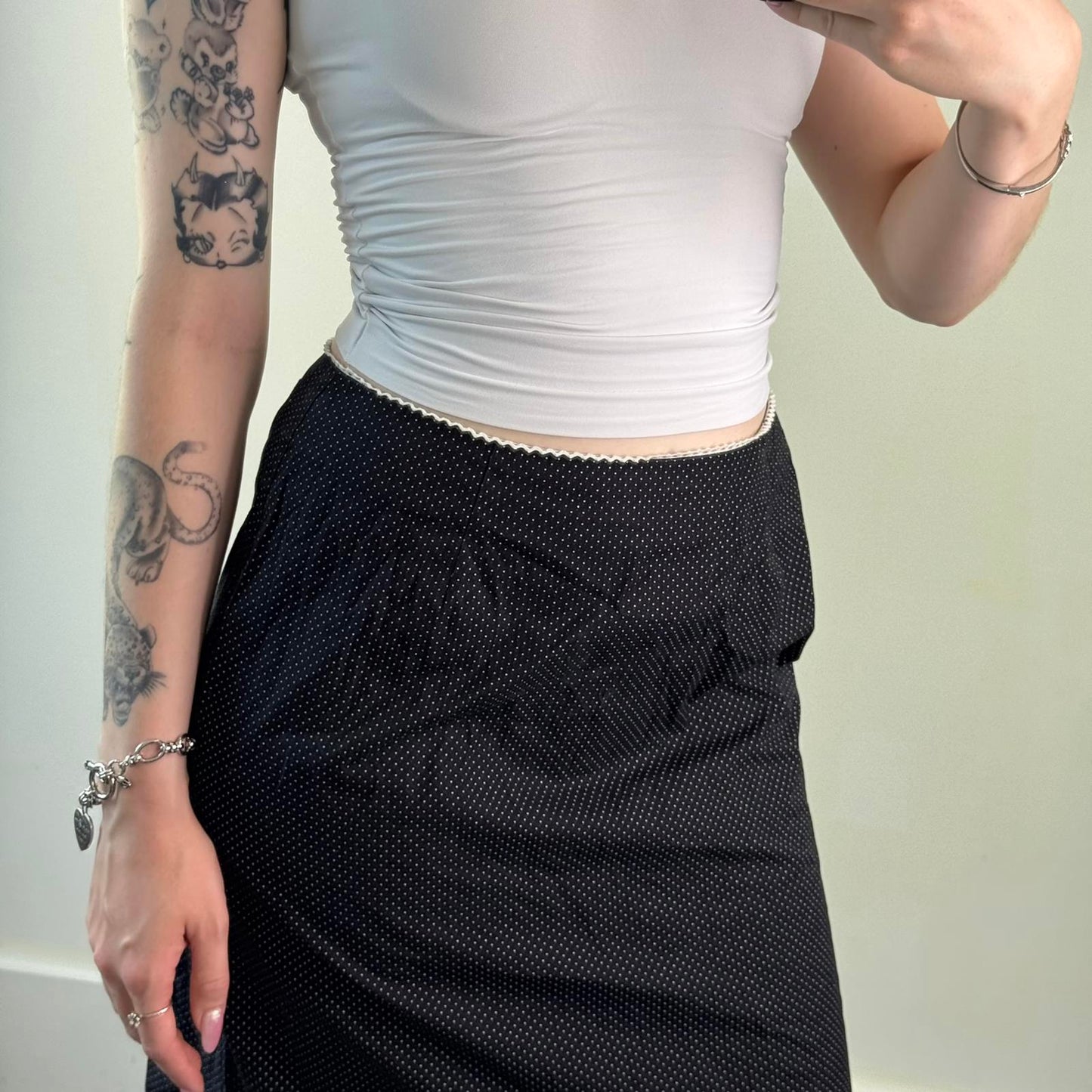 Y2K vintage polka dot midi skirt white trim black knee length spotty high waist