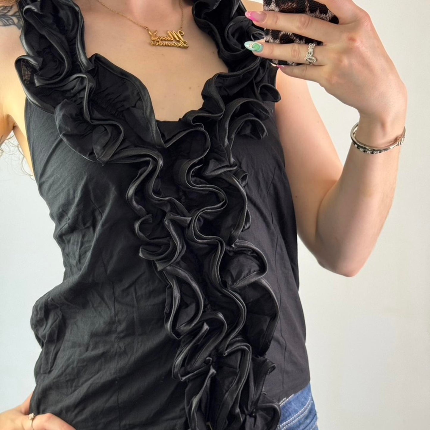 Y2K vintage ruffle v neck tank top big frilly neckline