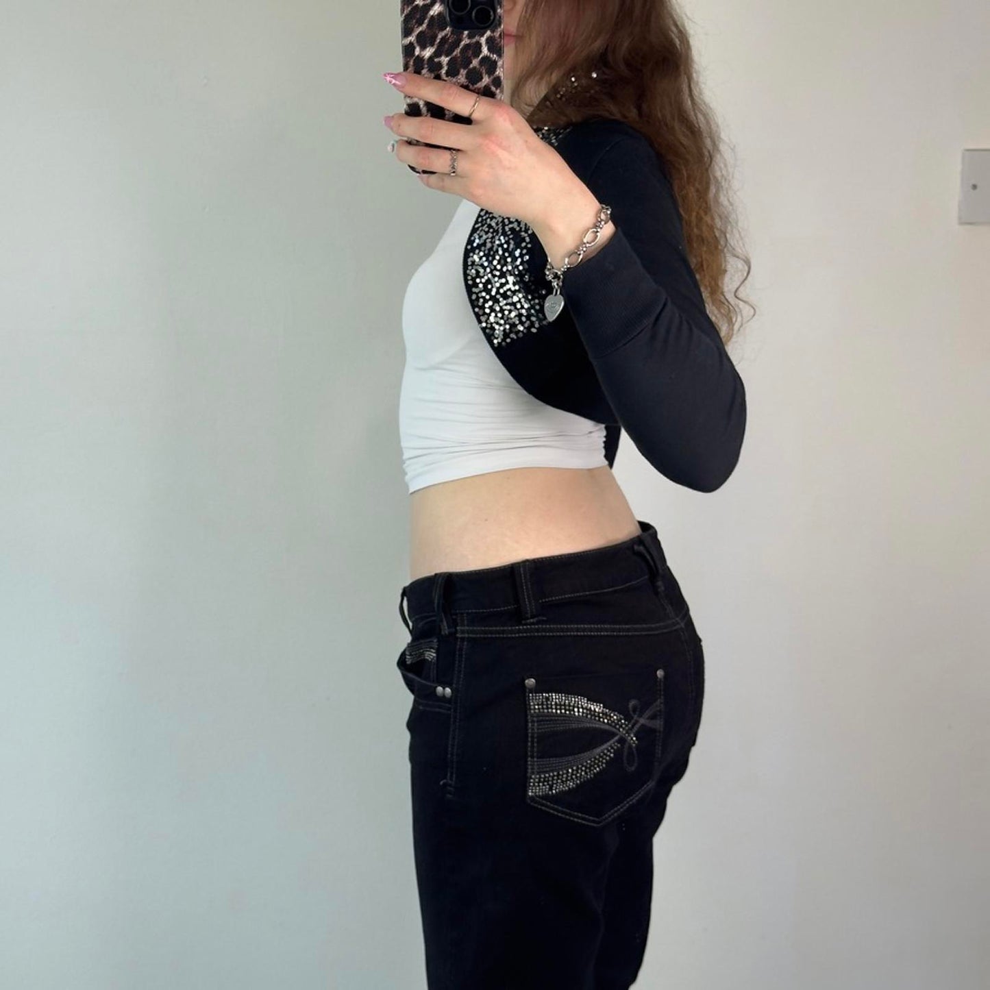 Y2K vintage black cropped cardigan bolero silver sparkly glitter long sleeve