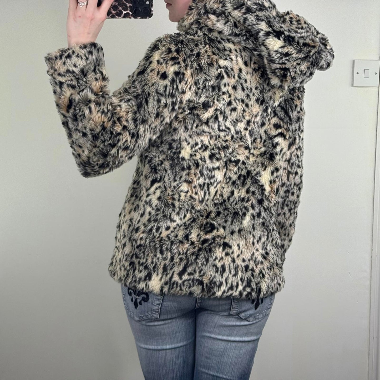 Y2K vintage River Island faux fur leopard print coat button up with hood pom pom