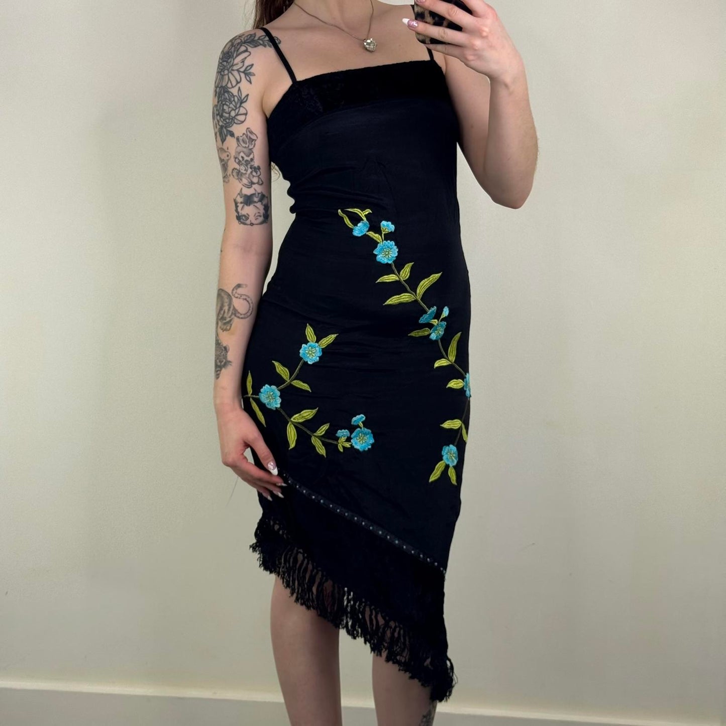 Y2K vintage midi dress asymmetrical floral embroidery fringe beaded velvet trim