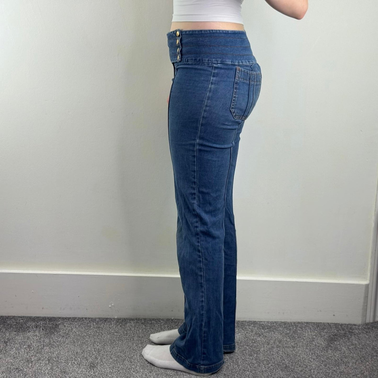Y2K vintage mid rise stretchy denim bootcut jeans popper button contrast stitch
