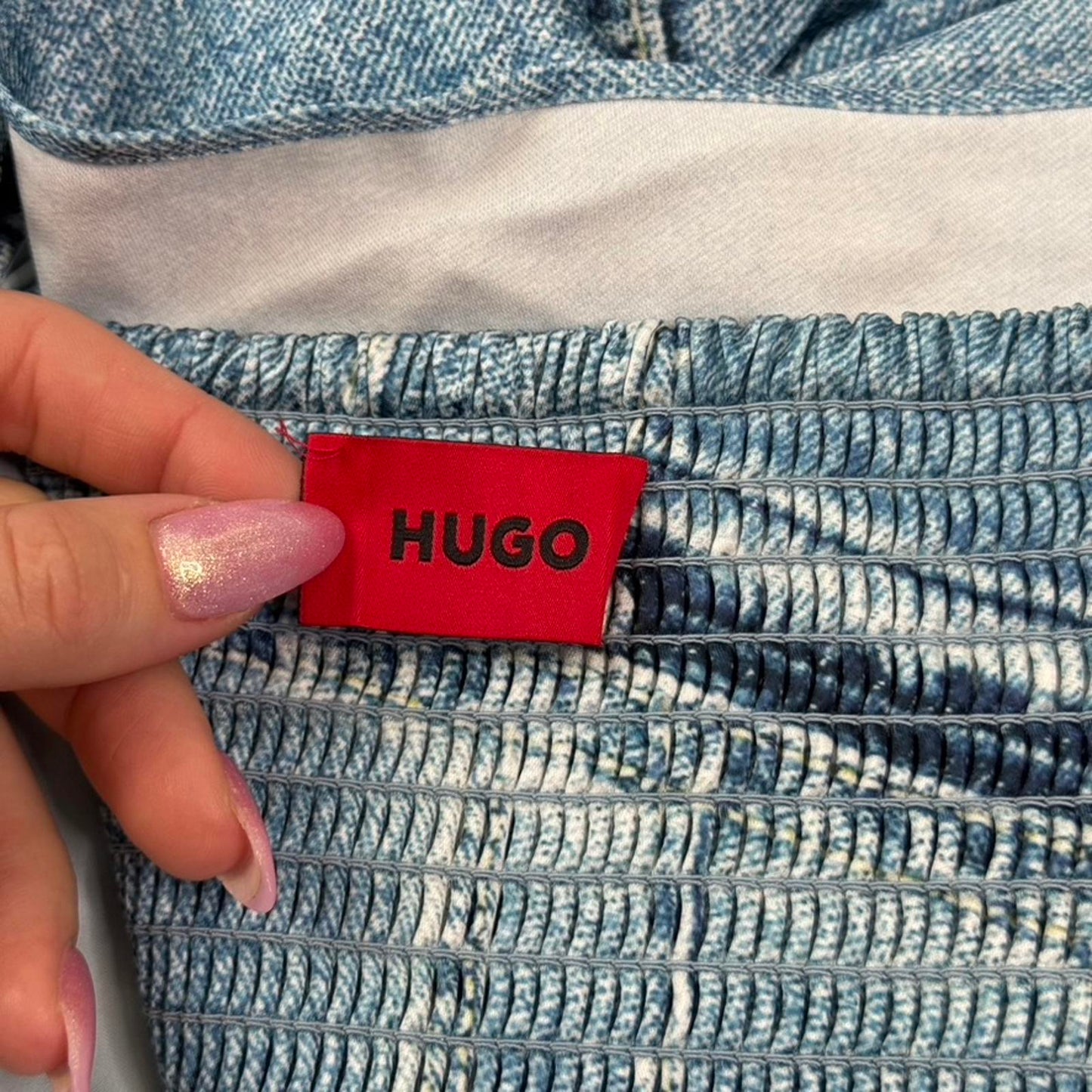 Hugo Boss silky bandana top in blue with denim print strapless hanky hem casalla