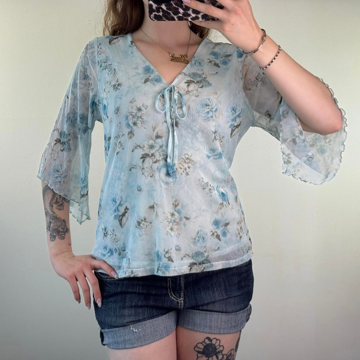 Y2K vintage mesh overlay floral 3/4 top flare sleeve bow v neck double layer