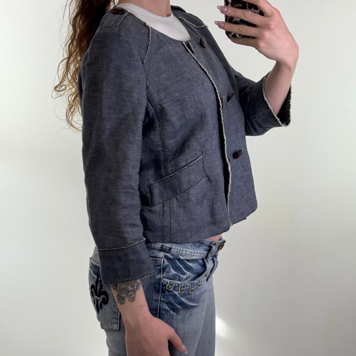 Y2K vintage linen blend pea coat lightweight jacket cropped 3/4 sleeve