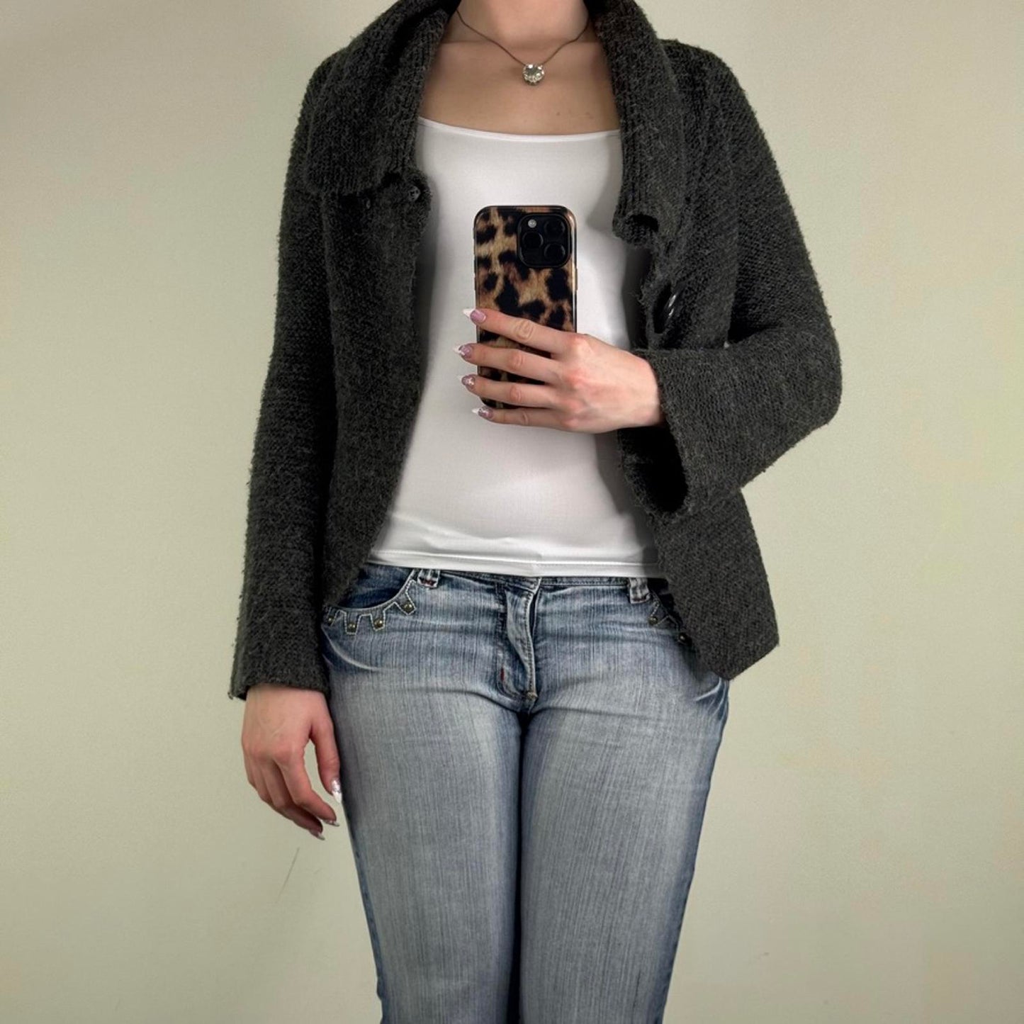 Y2K vintage knit cardigan flare sleeve button grey short length fold over neck