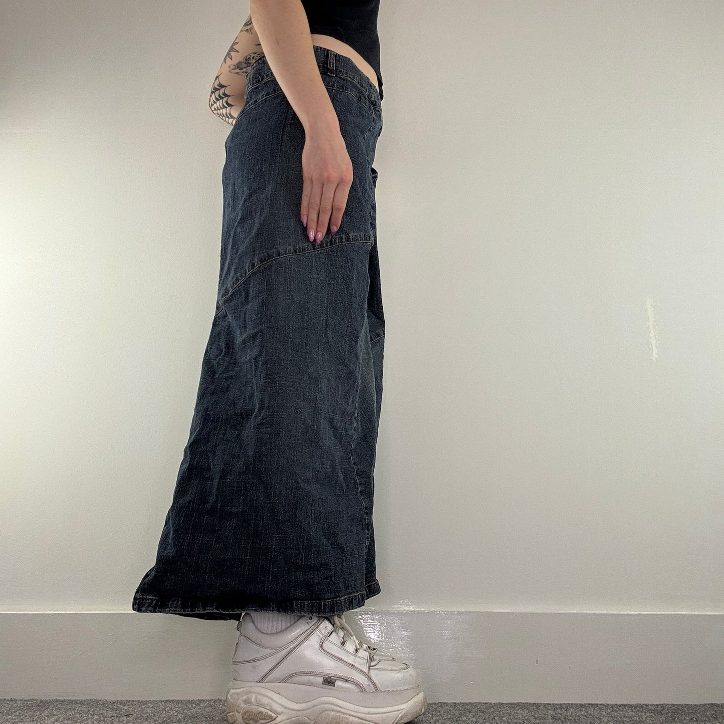 Y2K vintage denim maxi skirt stretchy asymmetrical pattern plus size