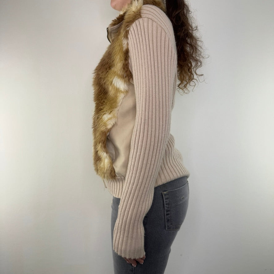 Y2K vintage faux fur jumper deer fawn knit sleeve zip up jacket bambi