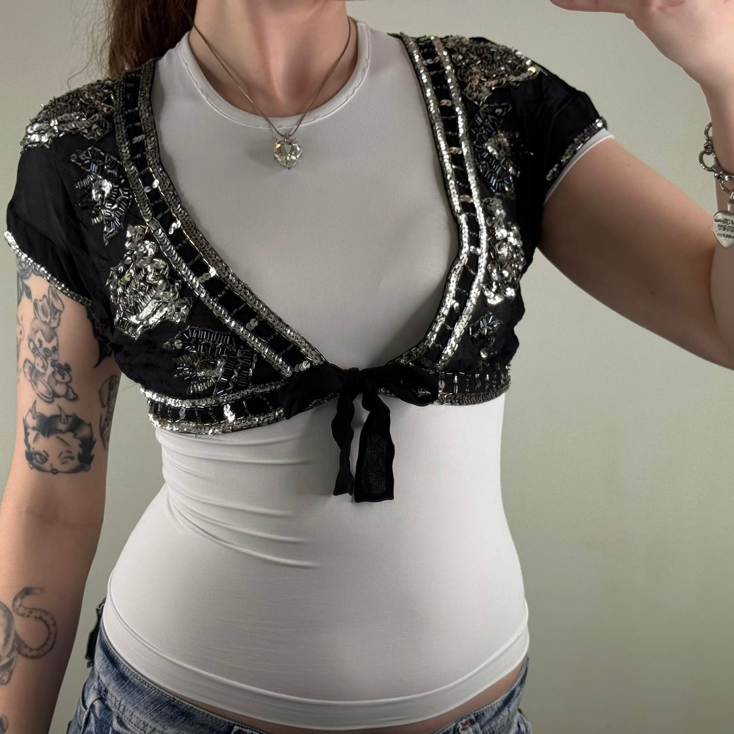 Y2K vintage 100% pure silk cropped bolero cardigan shawl sequin bow sheer v neck