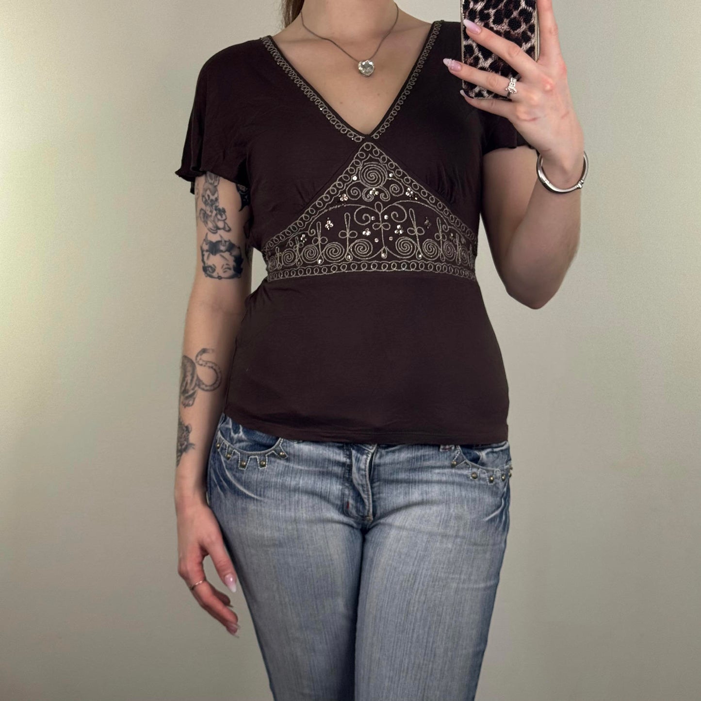 Y2K vintage boho tie back top short sleeve v neck embroidered sequin bow stretch