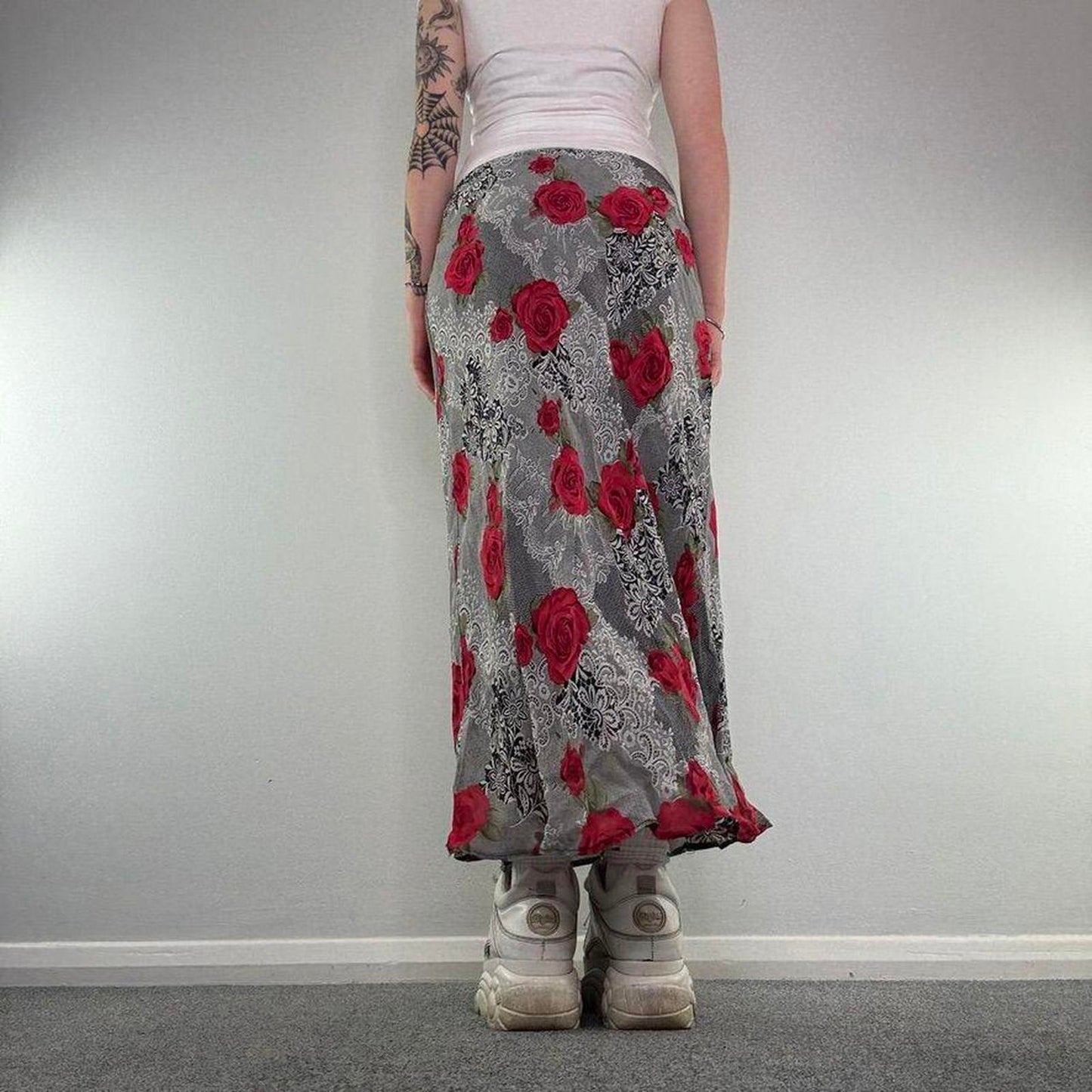 Y2K vintage patchwork lace style rose floral pattern bow maxi skirt stretchy
