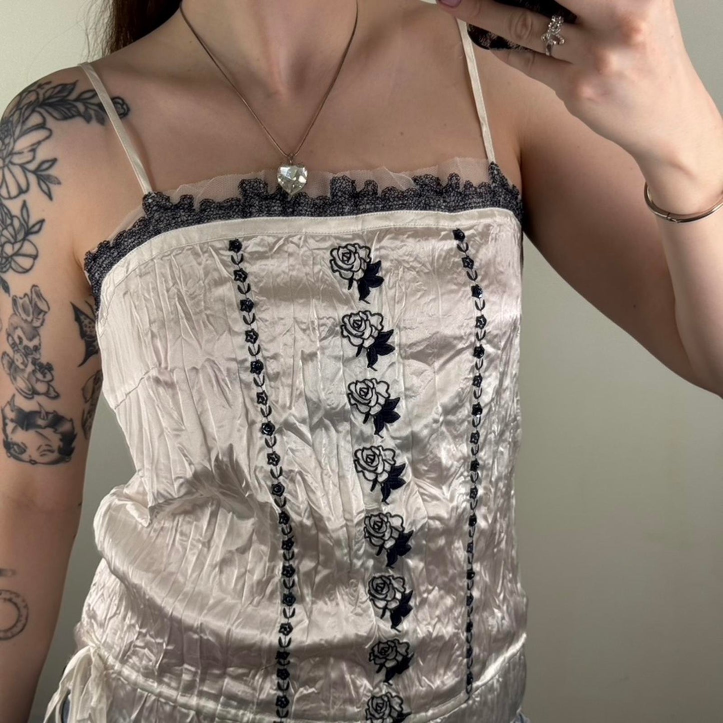 Y2K vintage satin cami top floral embroidered bow strappy mesh trim white navy