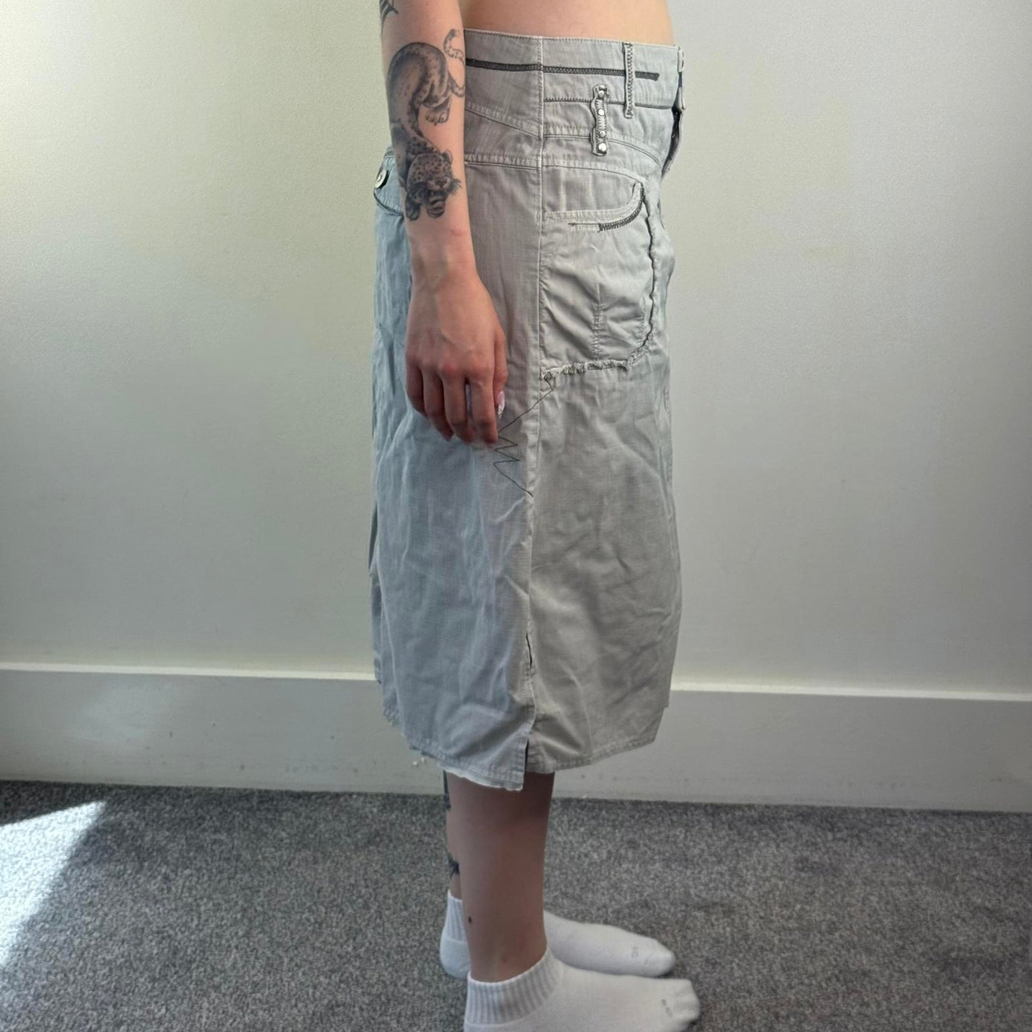 Y2K vintage denim cargo midi skirt grey contrast stitch