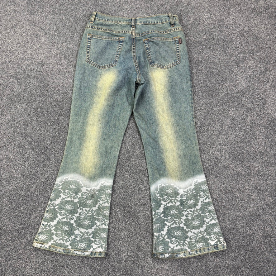 Y2K faded denim floral bootcut jeans