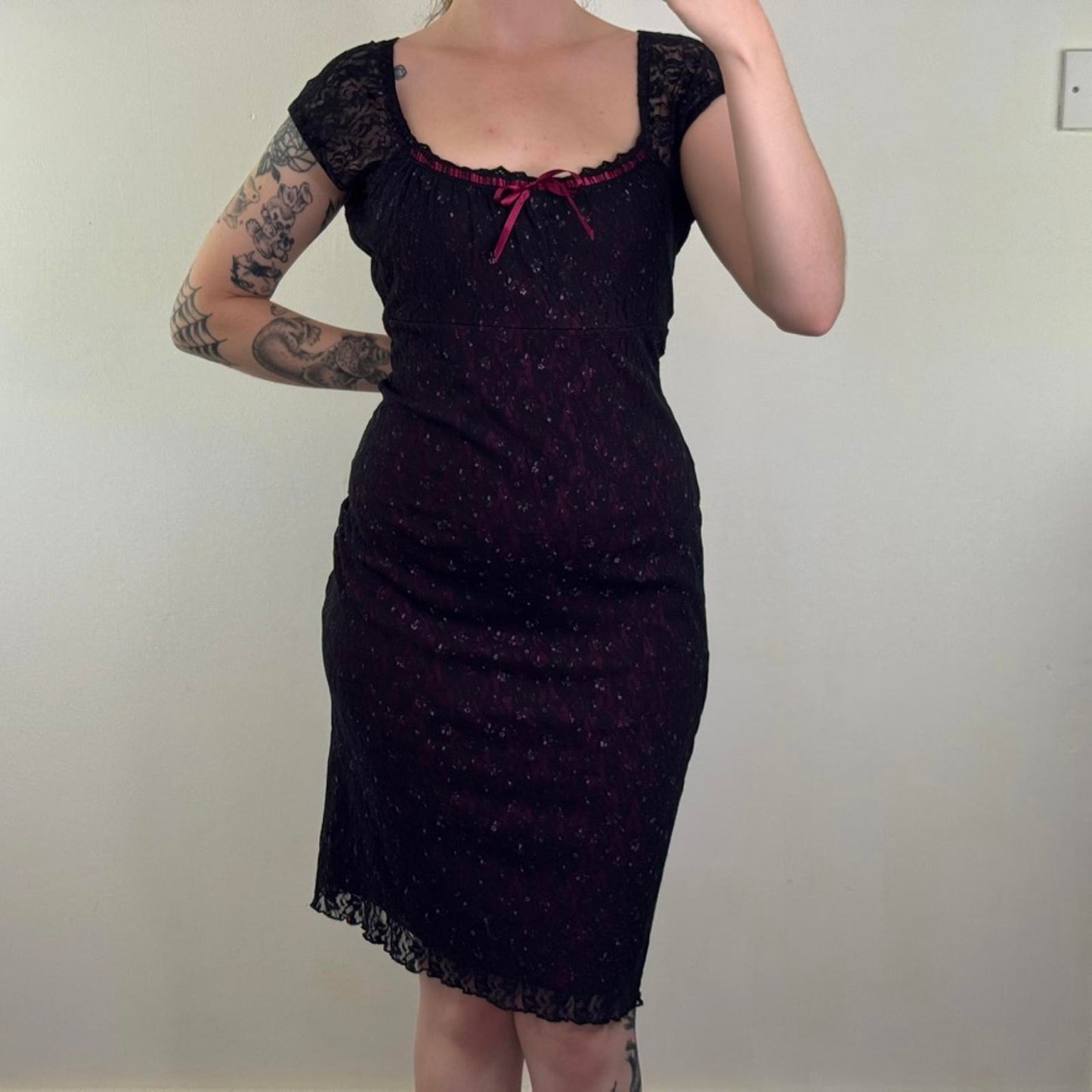 Y2K vintage lace milkmaid midi dress cap sleeve ditsy floral bow scoop neck