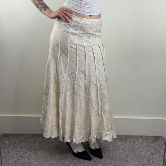 Y2K vintage linen blend maxi skirt floral pattern sequin beaded a line pleated