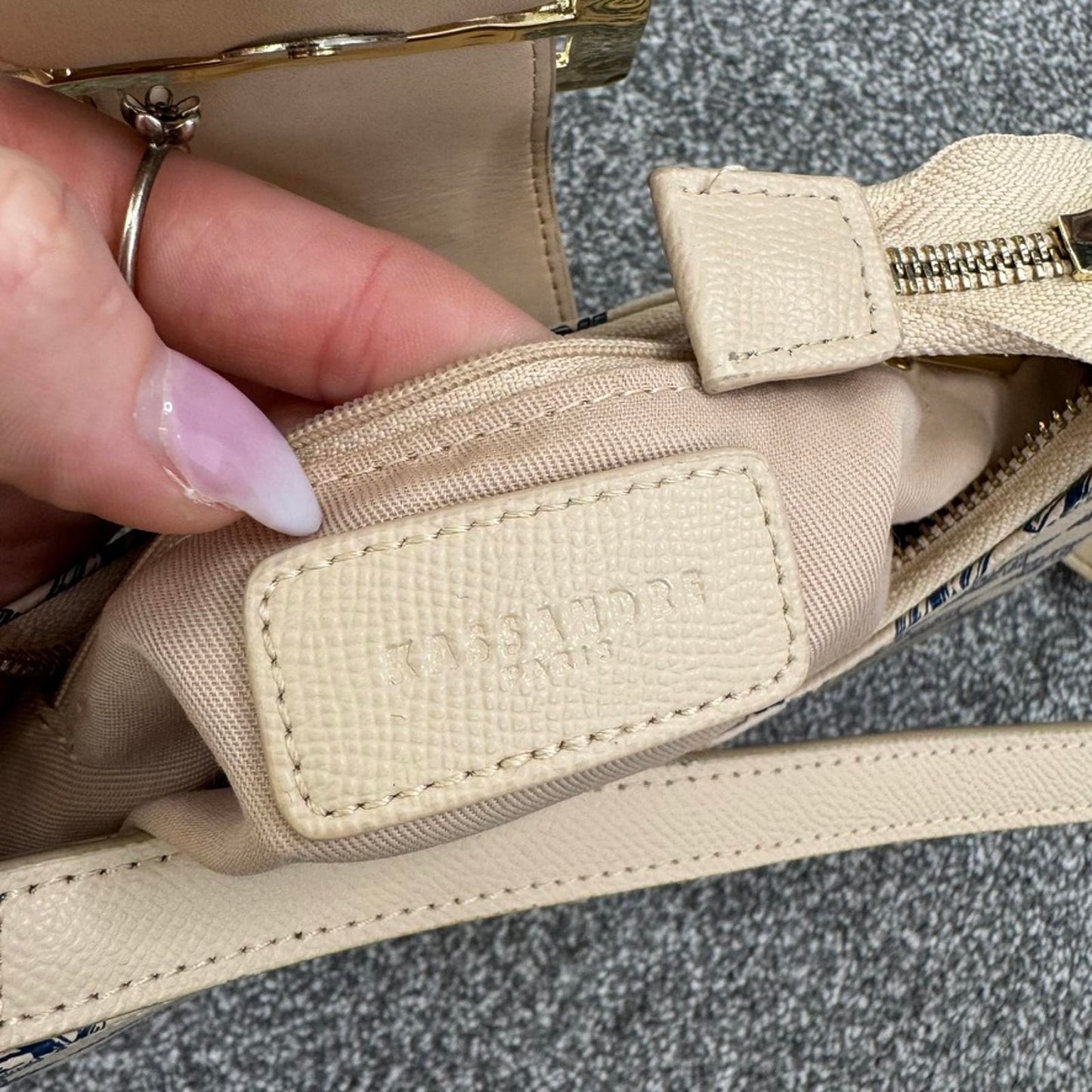 Kassandre faux leather mini shoulder bag small gold buckle blue cream