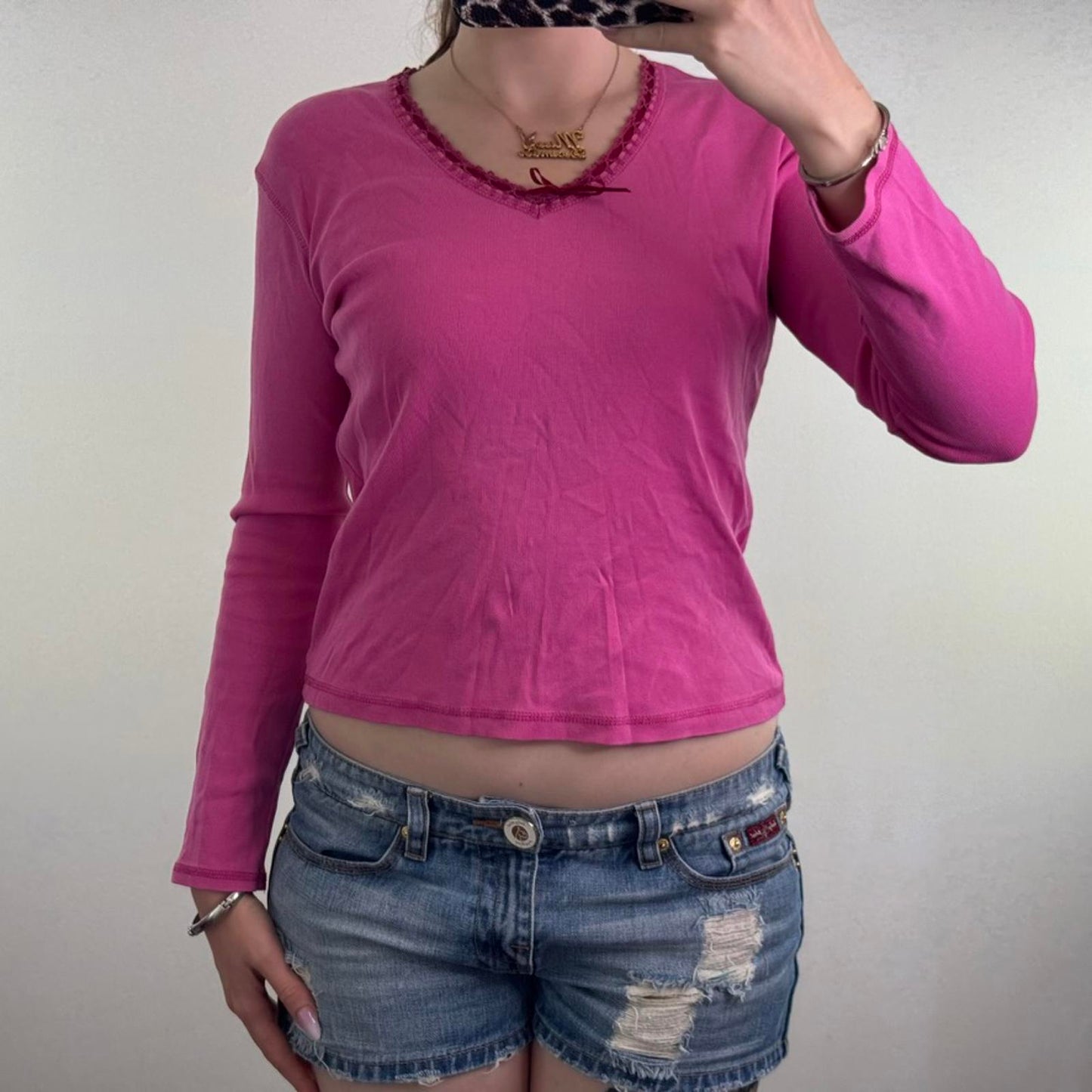 Y2K vintage long sleeve top pink v neck bow ribbon basic staple