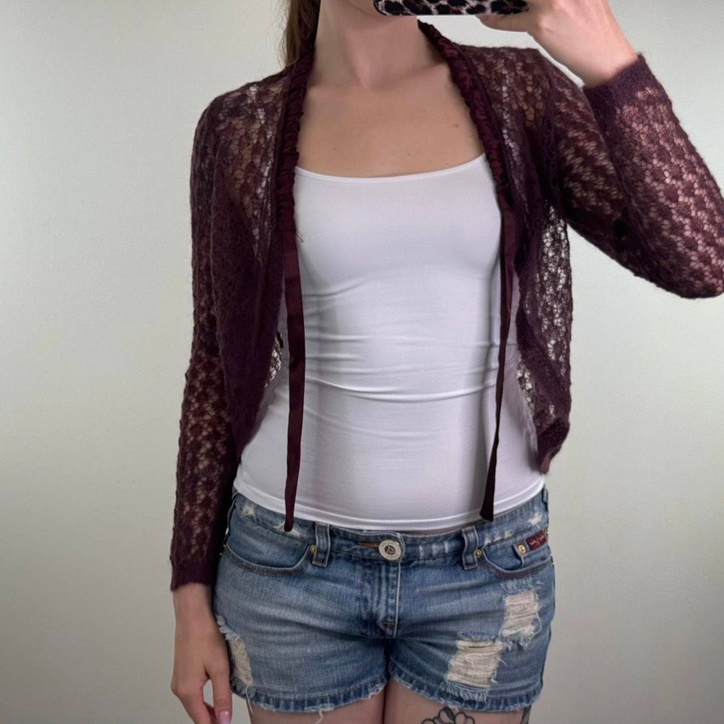 Y2K vintage knitted long sleeve short cardigan tie bow dark purple open front