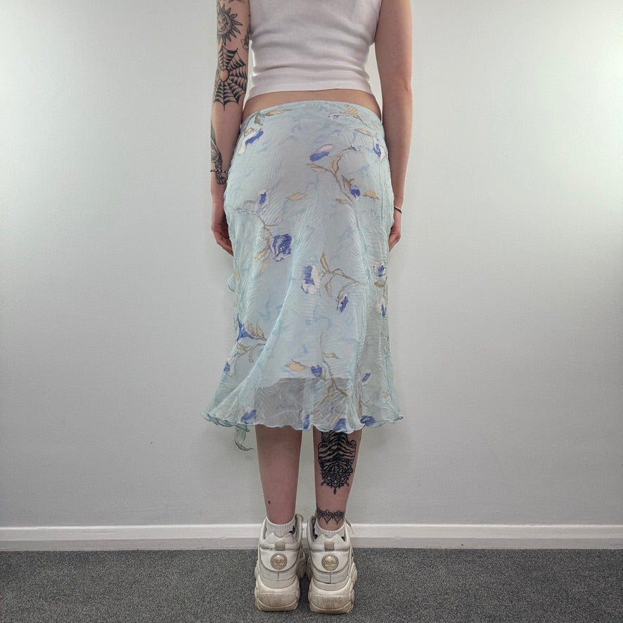 Y2K fairy floral ruffle crease floaty maxi skirt