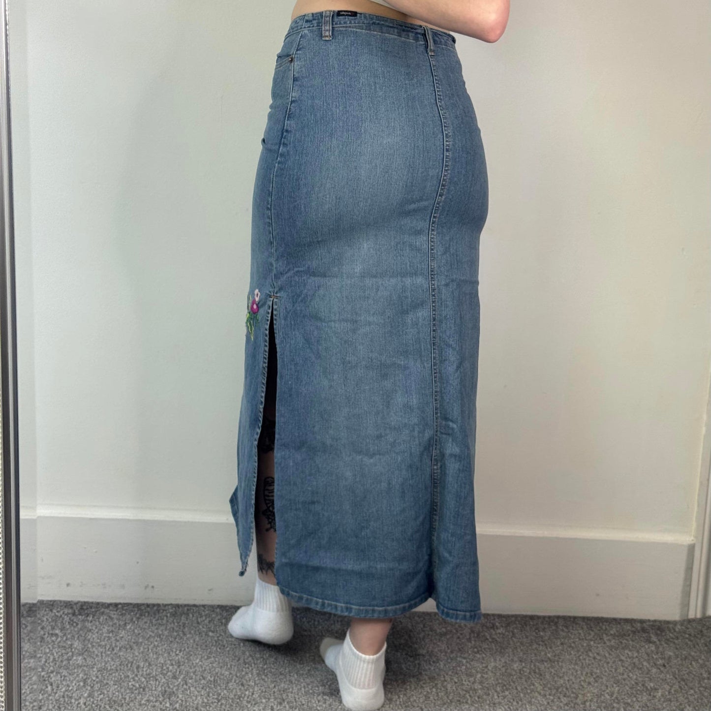 90s Y2K vintage floral embroidery denim maxi skirt thigh split belt light blue