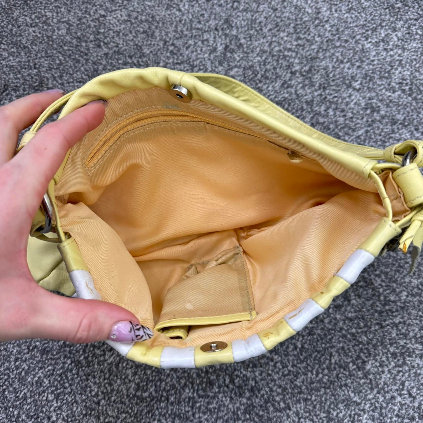 Y2K vintage genuine leather mini shoulder bag striped yellow white summer