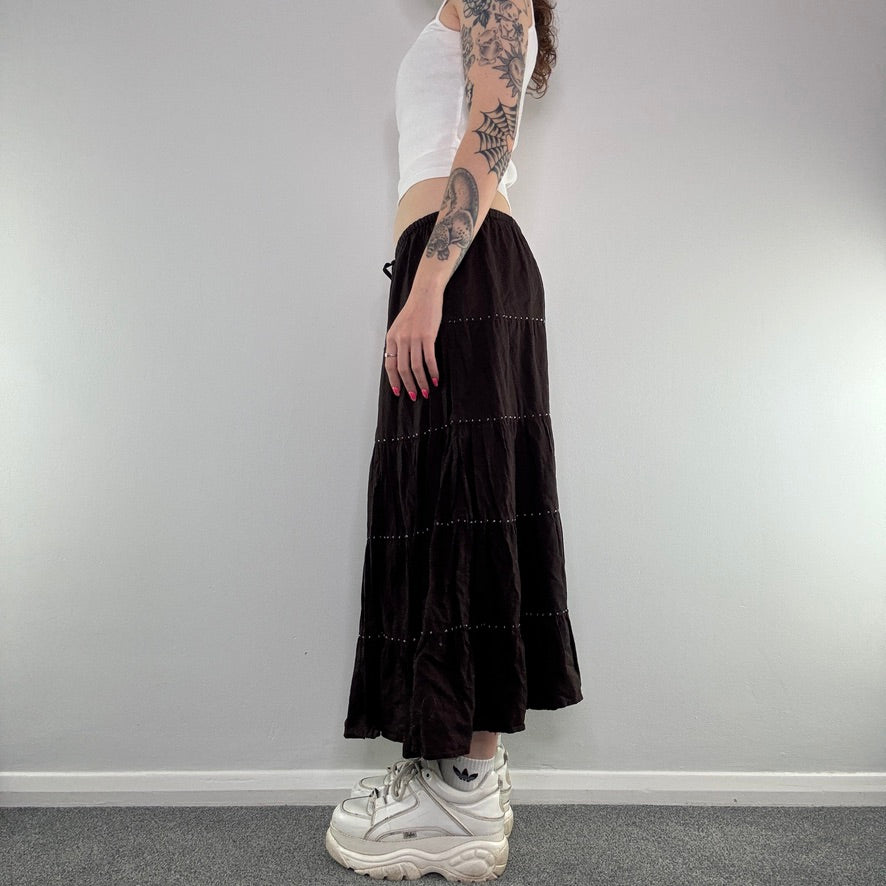 Y2K beaded tassel tiered boho maxi skirt