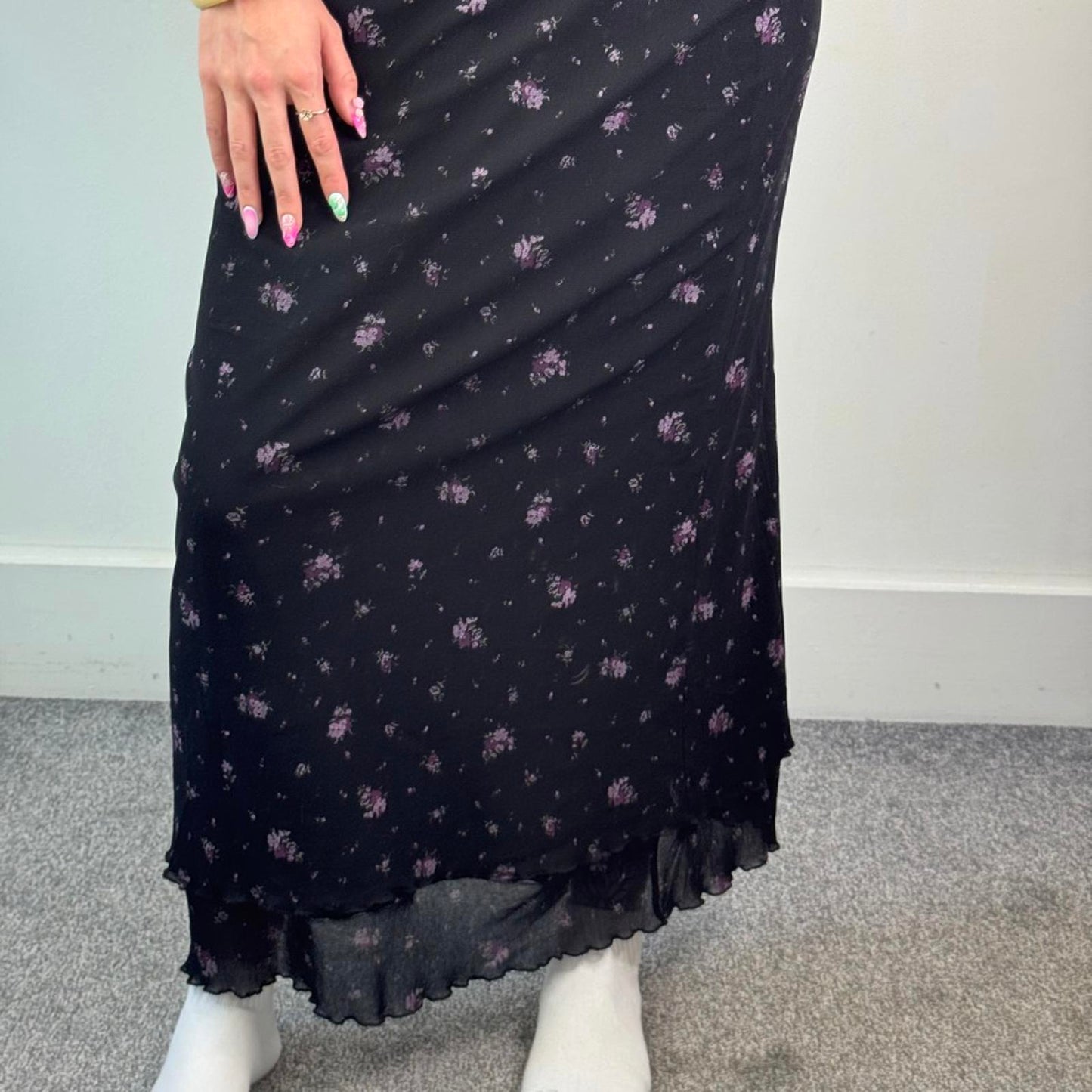 Y2K vintage black ditsy lilac floral double mesh overlay maxi skirt lettuce hem