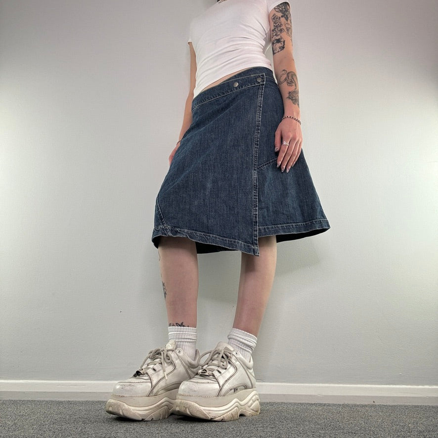 Y2K wrap around denim midi skirt