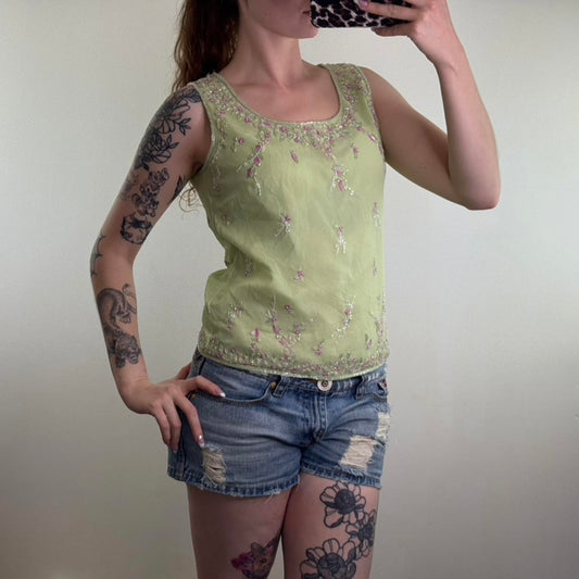 Y2K vintage 100% silk shell sleeveless blouse floral embroidered beaded sequin