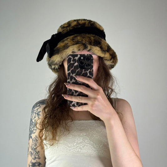 Y2K vintage leopard print faux fur bucket hat velour black bow satin lined
