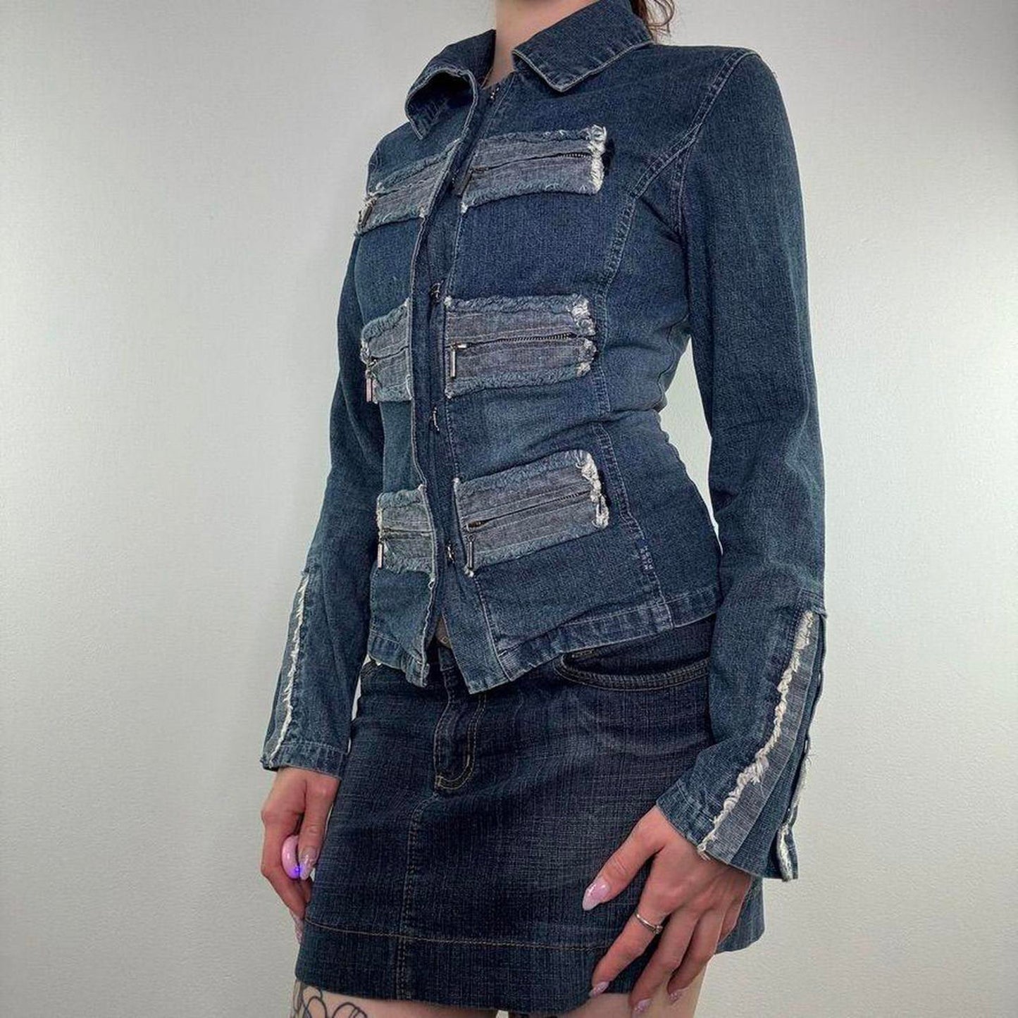 Y2K vintage Miss Posh military fitted faded denim jacket fraying contrast blue