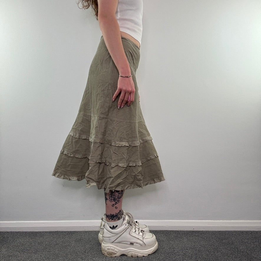 Y2K corduroy frilly tiered midi skirt