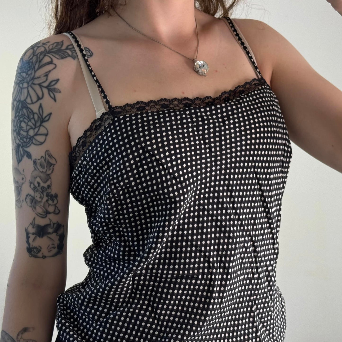 Y2K vintage 100% silk polka dot elastic waistband cami top lace trim black white