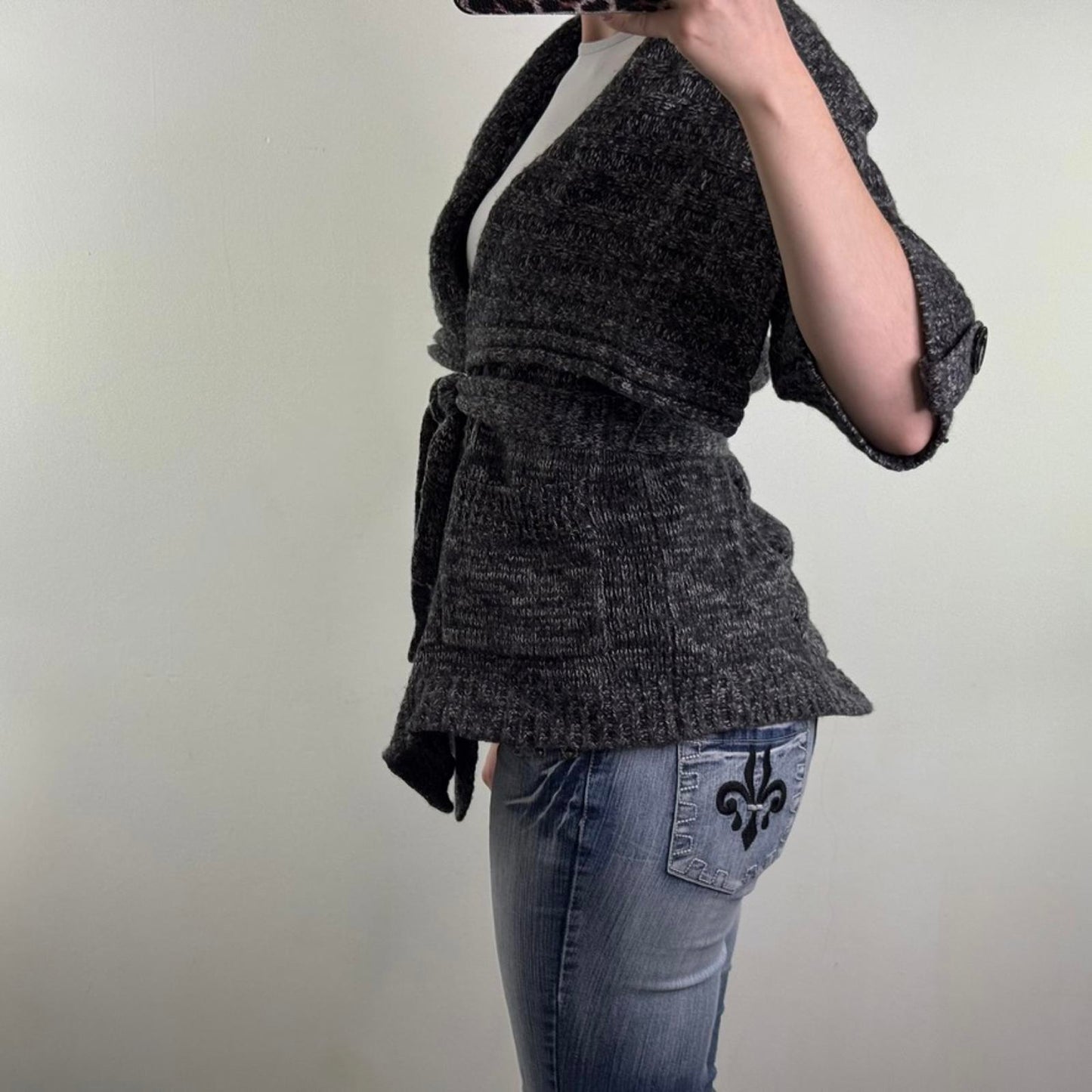 Vintage Karen Millen cashmere angora wool blend short sleeve cardigan belt