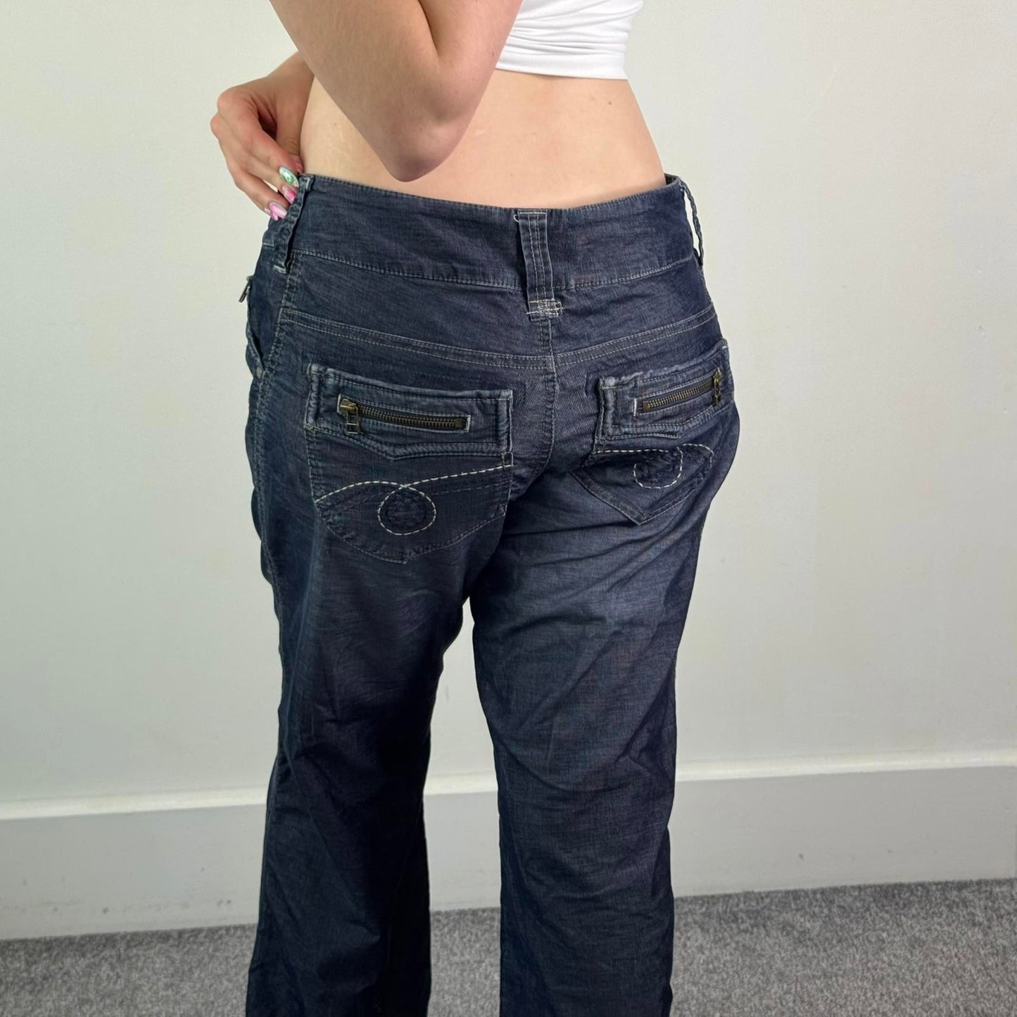 Y2K vintage mid rise baggy wide leg flared denim jeans lightweight embroidered