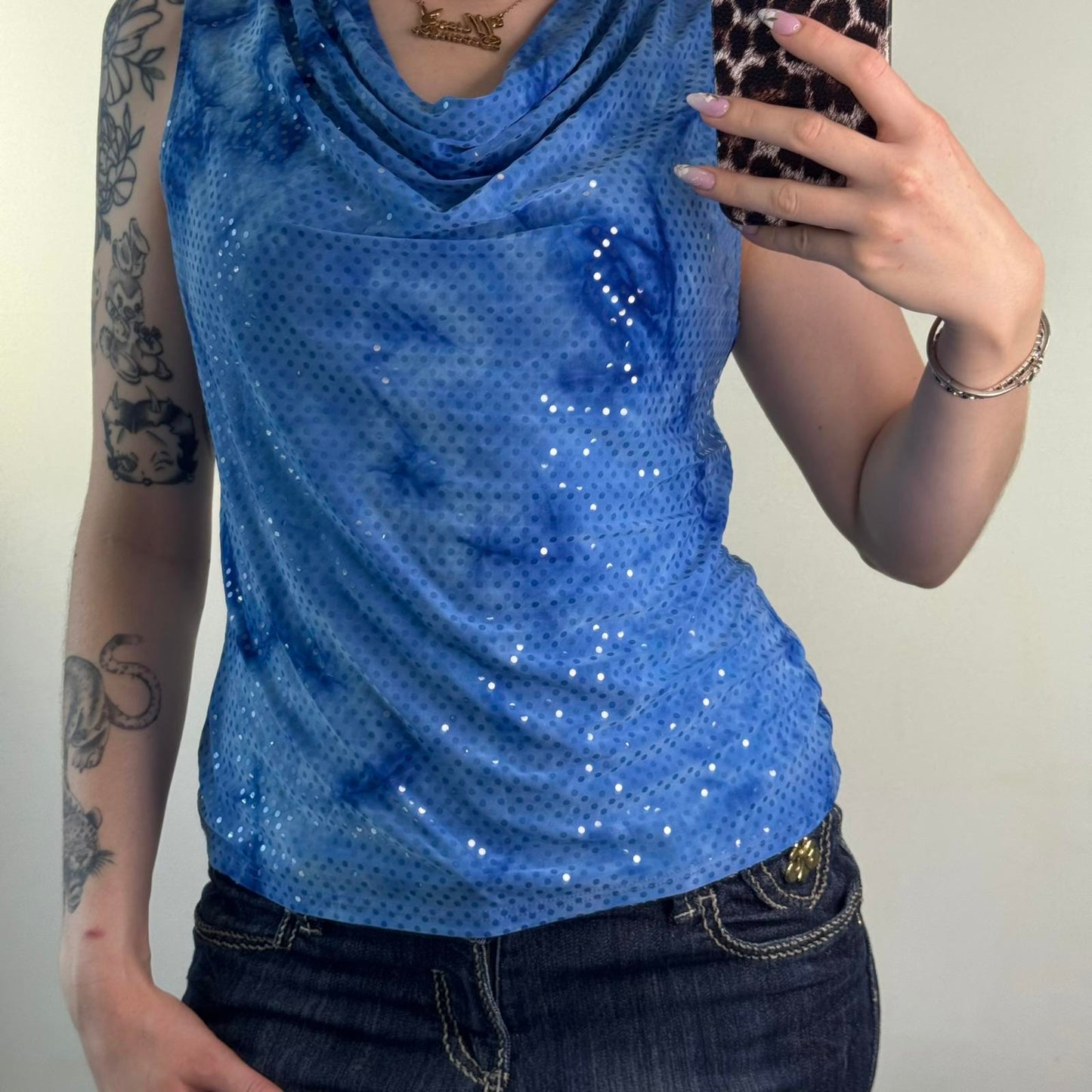 Y2K vintage cowl neck slinky tank top stretchy fitted shimmer blue tie dye
