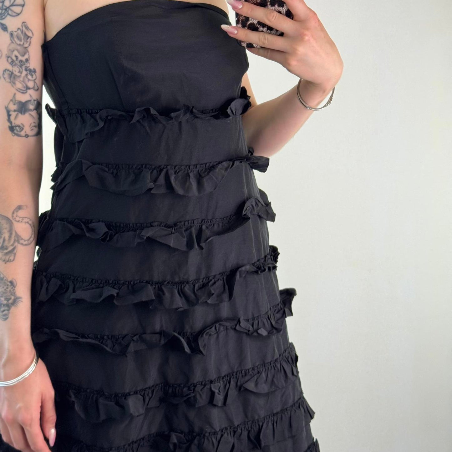 Y2K vintage Gap part silk ruffle strapless midi dress a line tiered black