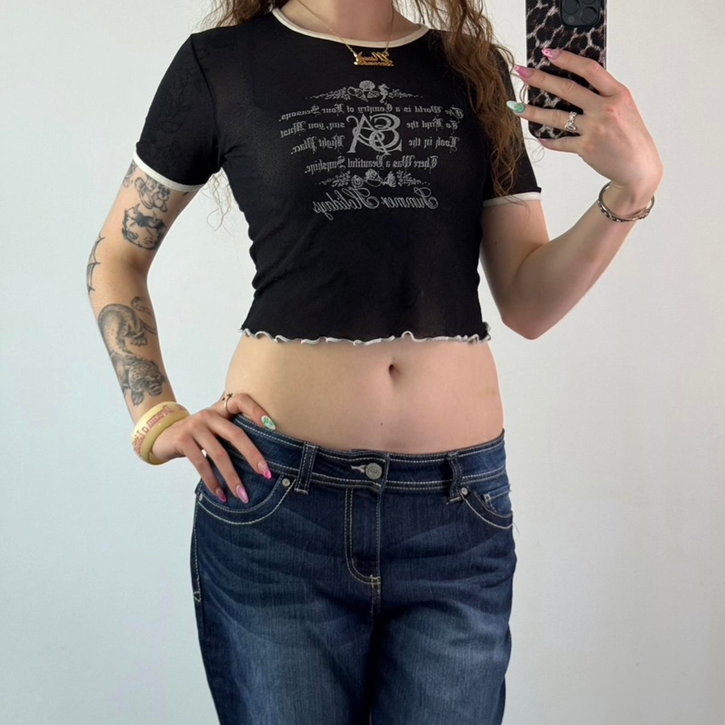 90s Y2K vintage mesh short sleeve crop top graphic print lettuce hem ringer text